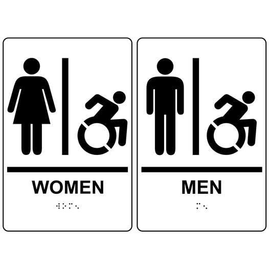 White Braille WOMEN - MEN Sign Set with Dynamic Accessibility Symbol RRE-130_150PairedSetR_Black_on_White