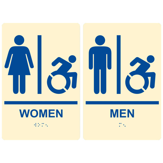 Ivory Braille WOMEN - MEN Sign Set with Dynamic Accessibility Symbol RRE-130_150PairedSetR_Blue_on_Ivory