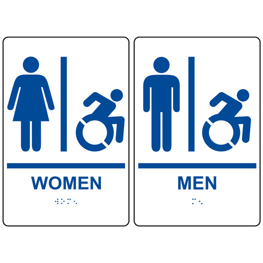 White Braille WOMEN - MEN Sign Set with Dynamic Accessibility Symbol RRE-130_150PairedSetR_Blue_on_White