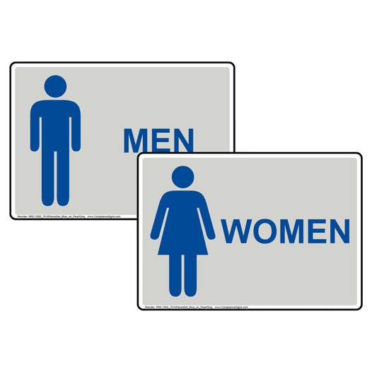 Pearl Gray MEN WOMEN Restrooms Sign Set With Symbols RRE-7000_7010PairedSet_Blue_on_PearlGray