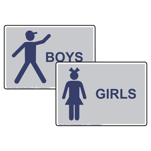 Silver GIRLS BOYS Restrooms Sign Set With Symbols