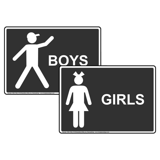 Charcoal Gray GIRLS BOYS Restrooms Sign Set With Symbols RRE-7002_7012PairedSet_White_on_CharcoalGray