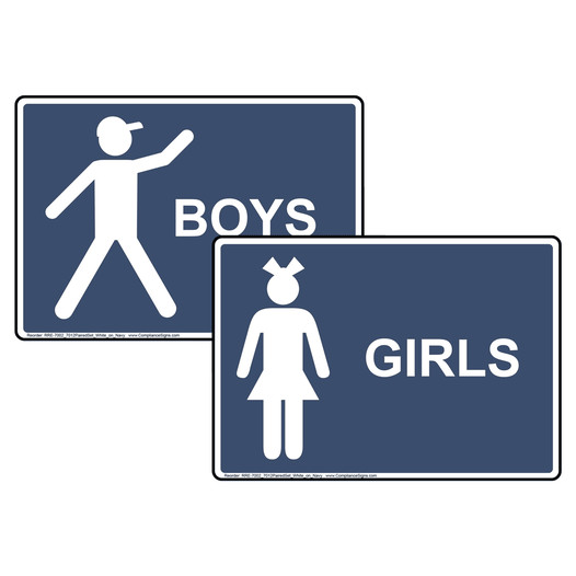 Navy GIRLS BOYS Restrooms Sign Set With Symbols