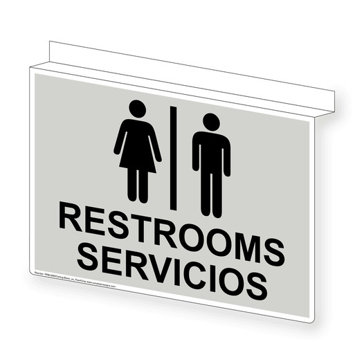 Pearl Gray Ceiling-Mount RESTROOMS - SERVICIOS Sign With Symbol RRB-6980Ceiling-Black_on_PearlGray