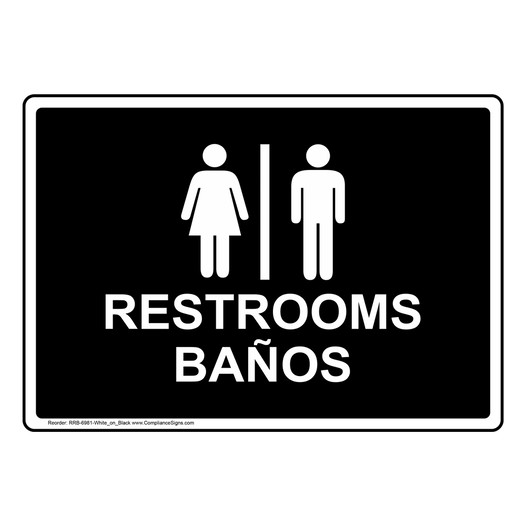 Black Restrooms - Baños Sign With Symbol RRB-6981-White_on_Black