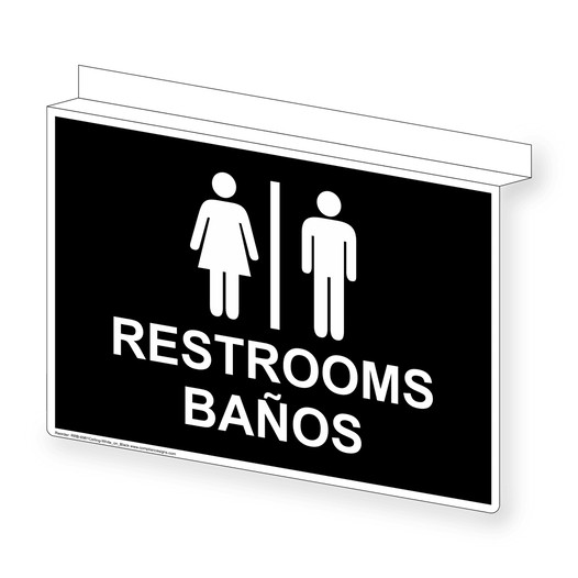 Black Ceiling-Mount RESTROOMS - BAÑOS Sign With Symbol RRB-6981Ceiling-White_on_Black