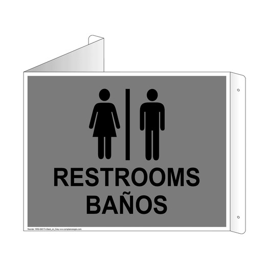 Gray Triangle-Mount RESTROOMS - BAÑOS Sign With Symbol RRB-6981Tri-Black_on_Gray