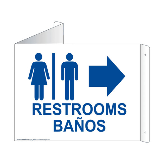 White Triangle-Mount RESTROOMS - BAÑOS (With Inward Arrow) Sign With Symbol RRB-6983Tri-Blue_on_White