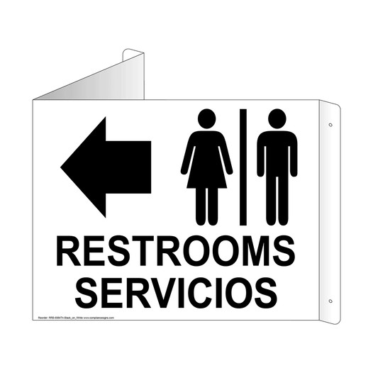 White Triangle-Mount RESTROOMS - SERVICIOS (With Outward Arrow) Sign With Symbol
