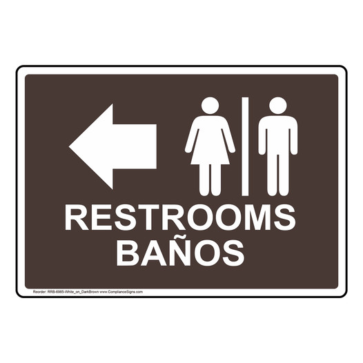 Dark Brown Restrooms - Baños [Left Arrow] Sign With Symbol RRB-6985-White_on_DarkBrown