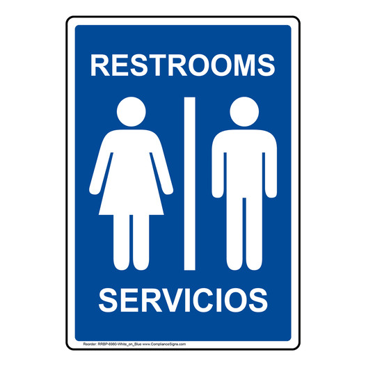 Portrait Blue RESTROOMS - SERVICIOS Sign With Symbol RRBP-6980-White_on_Blue
