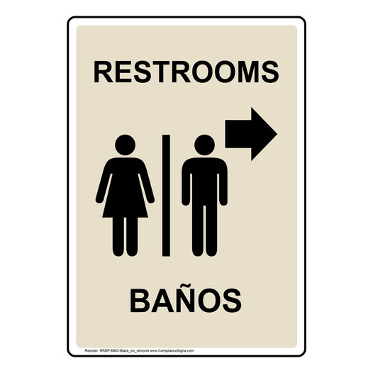 Portrait Almond RESTROOMS  - BANOS Right Arrow Sign With Symbol