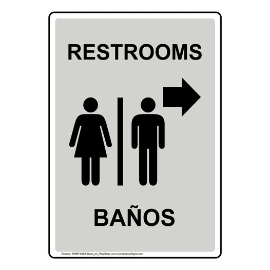 Portrait Pearl Gray RESTROOMS  - BANOS Right Arrow Sign With Symbol