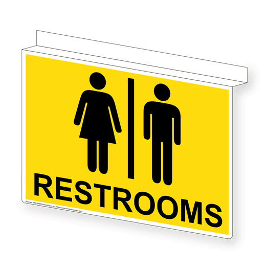Yellow Ceiling-Mount RESTROOMS Sign With Symbol RRE-6980Ceiling-Black_on_Yellow