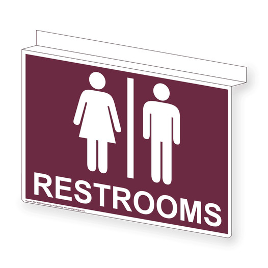 Burgundy Ceiling-Mount RESTROOMS Sign With Symbol RRE-6980Ceiling-White_on_Burgundy