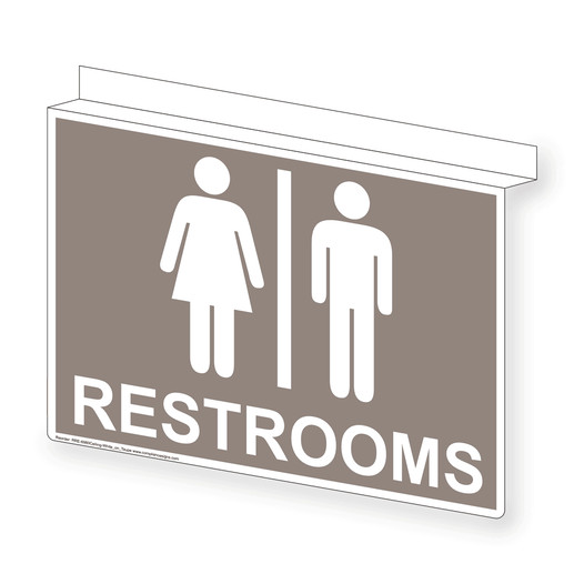 Taupe Ceiling-Mount RESTROOMS Sign With Symbol RRE-6980Ceiling-White_on_Taupe