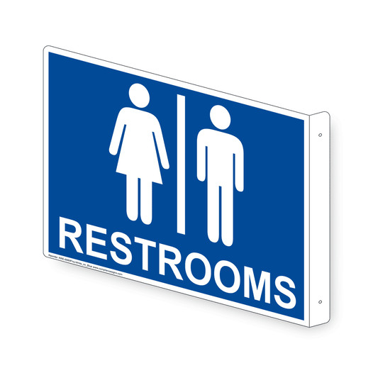 Projection-Mount Blue RESTROOMS Sign With Symbol RRE-6980Proj-White_on_Blue