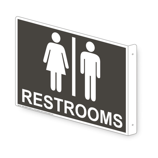 Projection-Mount Charcoal Gray RESTROOMS Sign With Symbol