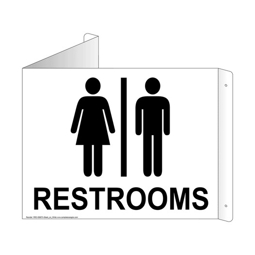 White Triangle-Mount RESTROOMS Sign With Symbol RRE-6980Tri-Black_on_White