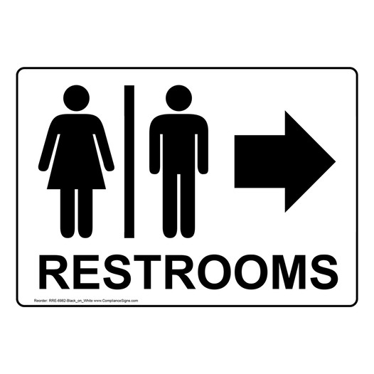 White Restrooms [Right Arrow] Sign With Symbol RRE-6982-Black_on_White