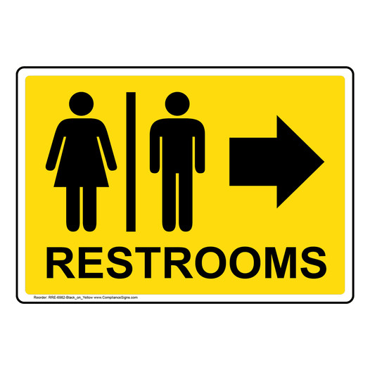 Yellow Restrooms [Right Arrow] Sign With Symbol RRE-6982-Black_on_Yellow