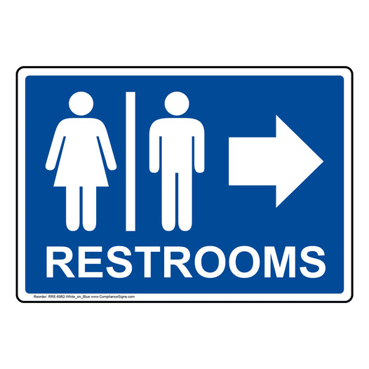 Blue RESTROOMS Right Sign With Symbol RRE-6982-White_on_Blue