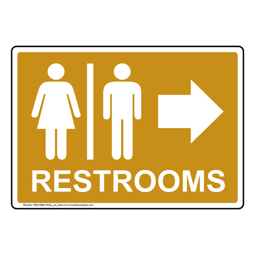Gold RESTROOMS Right Sign With Symbol RRE-6982-White_on_Gold