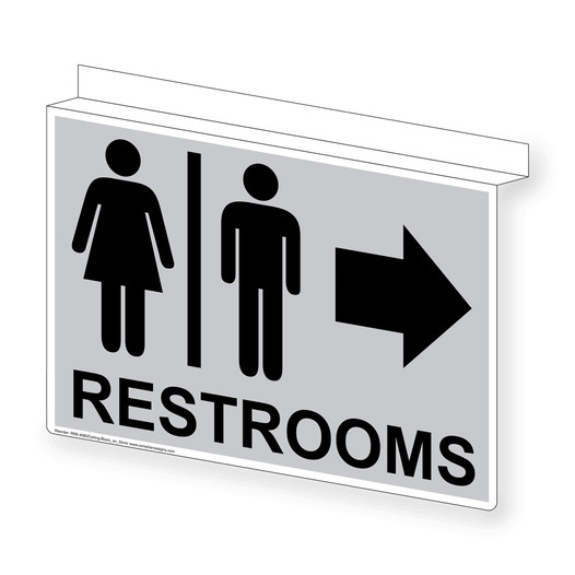 Silver Ceiling-Mount RESTROOMS Right Sign With Symbol RRE-6982Ceiling-Black_on_Silver