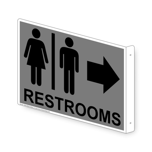 Projection-Mount Gray RESTROOMS (With Inward Arrow) Sign With Symbol RRE-6982Proj-Black_on_Gray