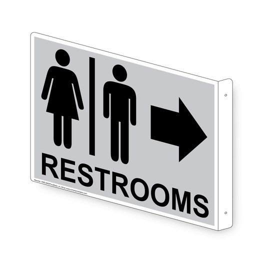 Projection-Mount Silver RESTROOMS (With Inward Arrow) Sign With Symbol RRE-6982Proj-Black_on_Silver