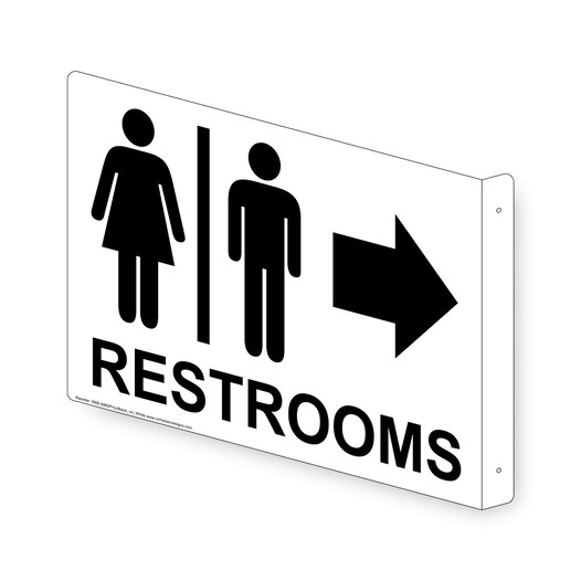 Projection-Mount White RESTROOMS (With Inward Arrow) Sign With Symbol RRE-6982Proj-Black_on_White