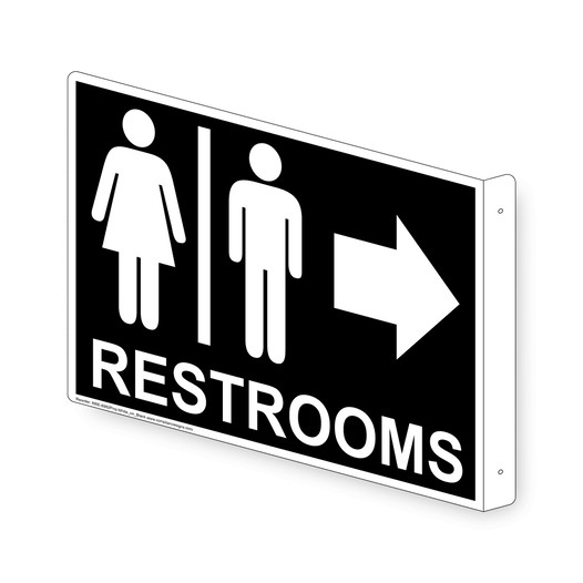 Projection-Mount Black RESTROOMS (With Inward Arrow) Sign With Symbol RRE-6982Proj-White_on_Black