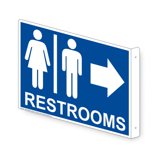 Projection-Mount Blue RESTROOMS (With Inward Arrow) Sign With Symbol RRE-6982Proj-White_on_Blue