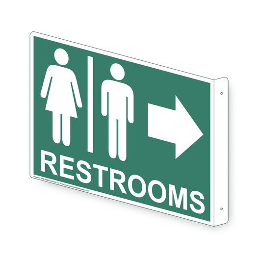 Projection-Mount Pine Green RESTROOMS (With Inward Arrow) Sign With Symbol RRE-6982Proj-White_on_PineGreen