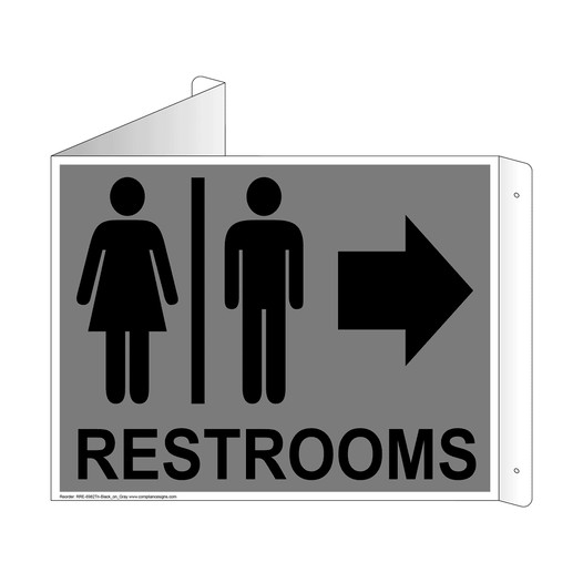 Gray Triangle-Mount RESTROOMS (With Inward Arrow) Sign With Symbol RRE-6982Tri-Black_on_Gray
