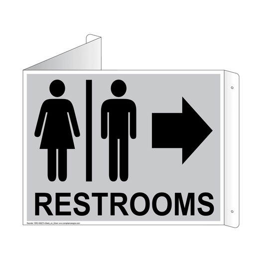Silver Triangle-Mount RESTROOMS (With Inward Arrow) Sign With Symbol RRE-6982Tri-Black_on_Silver