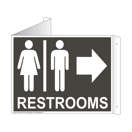 Charcoal Gray Triangle-Mount RESTROOMS (With Inward Arrow) Sign With Symbol RRE-6982Tri-White_on_CharcoalGray