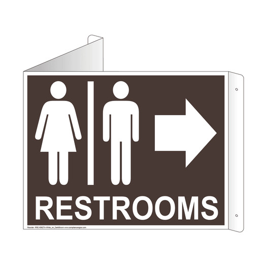 Dark Brown Triangle-Mount RESTROOMS (With Inward Arrow) Sign With Symbol
