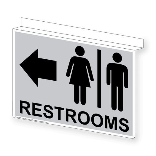 Silver Ceiling-Mount RESTROOMS Left Sign With Symbol RRE-6984Ceiling-Black_on_Silver