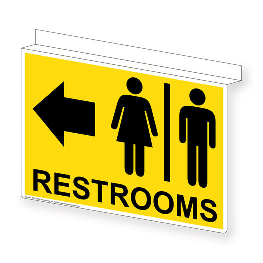 Yellow Ceiling-Mount RESTROOMS Left Sign With Symbol RRE-6984Ceiling-Black_on_Yellow
