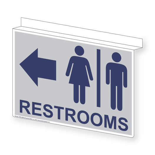 Silver Ceiling-Mount RESTROOMS Left Sign With Symbol RRE-6984Ceiling-MarineBlue_on_Silver