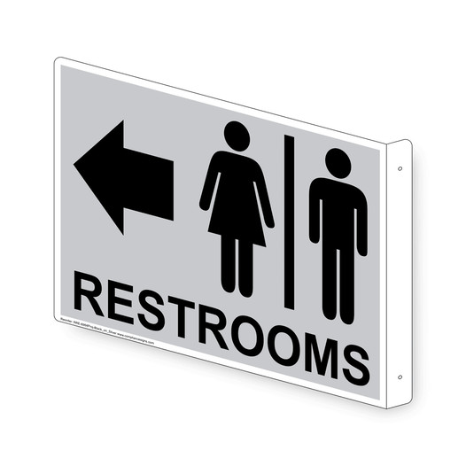 Projection-Mount Silver RESTROOMS (With Outward Arrow) Sign With Symbol RRE-6984Proj-Black_on_Silver