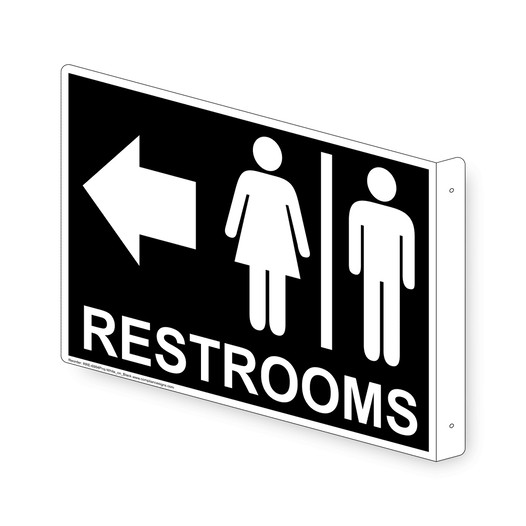 Projection-Mount Black RESTROOMS (With Outward Arrow) Sign With Symbol
