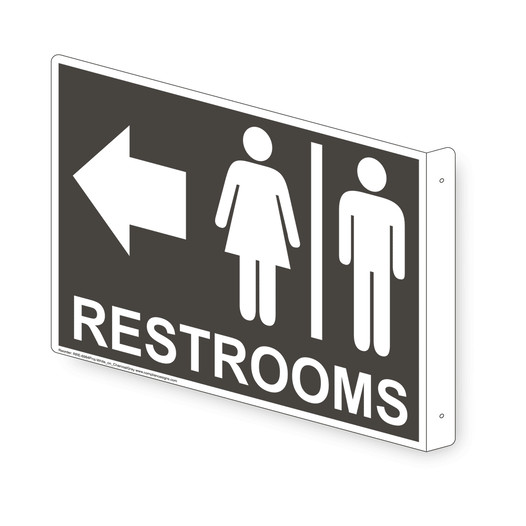 Projection-Mount Charcoal Gray RESTROOMS (With Outward Arrow) Sign With Symbol RRE-6984Proj-White_on_CharcoalGray