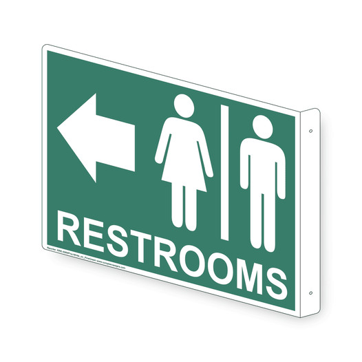 Projection-Mount Pine Green RESTROOMS (With Outward Arrow) Sign With Symbol RRE-6984Proj-White_on_PineGreen