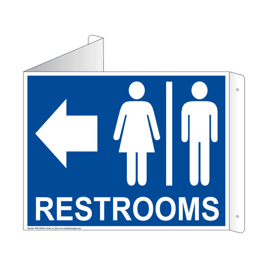 Blue Triangle-Mount RESTROOMS (With Outward Arrow) Sign With Symbol RRE-6984Tri-White_on_Blue