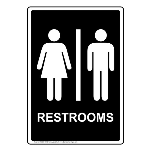 White-On-Black Restrooms Sign - 6 Vertical Sizes - US Made