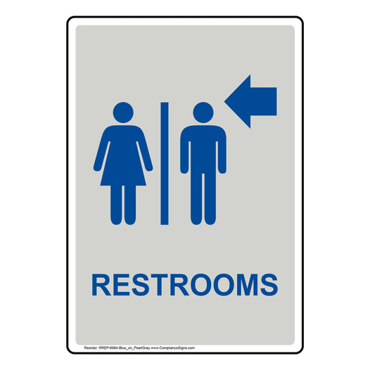 Portrait Pearl Gray Restrooms Sign With Symbol RREP-6984-Blue_on_PearlGray
