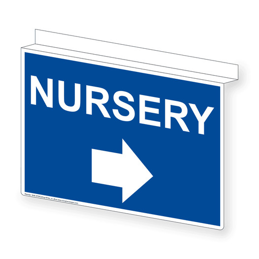 Blue Ceiling-Mount NURSERY (With Right Arrow) Sign NHE-9705Ceiling-White_on_Blue