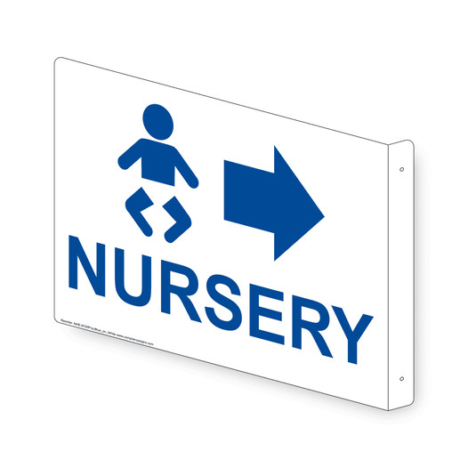 Projection-Mount White NURSERY (With Inward Arrow) Sign With Symbol NHE-9720Proj-Blue_on_White